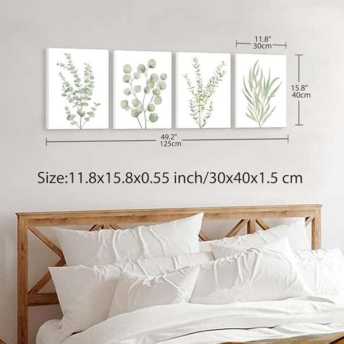 Erctoo Botanical Wall Art for Bathroom, Framed Canvas Office Wall Art 12”x16” Sage Green Plant Wall Decor for Bedroom, Light Green Boho Eucalyptus Leaf Sets of 4PCS