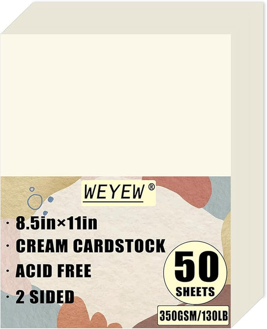 50 Sheets 130lb Cream Cardstock, 8.5" x 11", Extra Heavy Duty Off-White Paper for Card Base DIY Craft Card Making, 130LB Cover 350 GSM