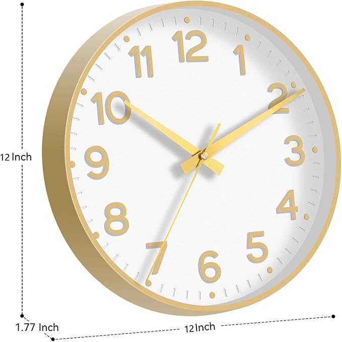 Wall Clock 12 Inch Silent Wall Clocks Battery Operated-Modern Non Ticking Analog Clock Decorative for Kitchen Bedroom Office (White Gold)