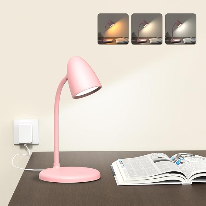 LED Desk Lamp for Home Office,3 Light Colors, Table Lamp,Dimmable Reading Light for Bedside Small Desk Lamp for College Dorm Room,Bedroom Desk Light Pink