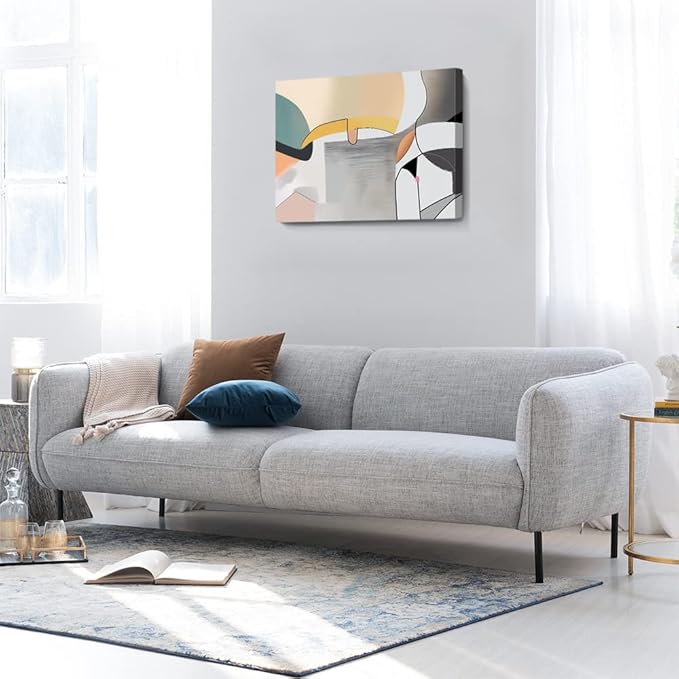 Wall Art Canvas Abstract Color Block Line Art Prints Apricot Cyan Black Grey Color Blocks and Lines Painting Modern Artwork Decor for Living Room Bedroom Kitchen 30x20in