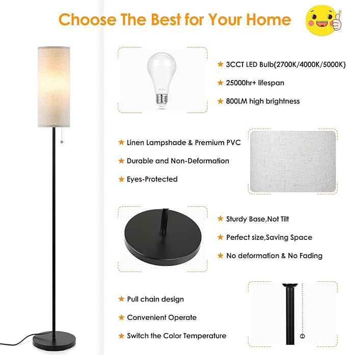 Floor Lamp for Living Room, 3 Color Temperature Modern Standing Lamps, Minimalist Pole Lamp Tall Lamps for Bedroom Living Room Office,Black