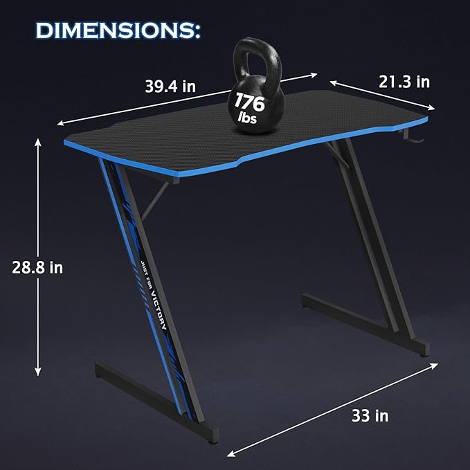 PayLessHere | 39" Gaming Table | Blue | Z-Shaped Computer Desk with Steel Frame, Headphone Hook, Adjustable Feet | Carbon Fiber Texture Surface, Sweat & Waterproof | for Gaming, Home Office