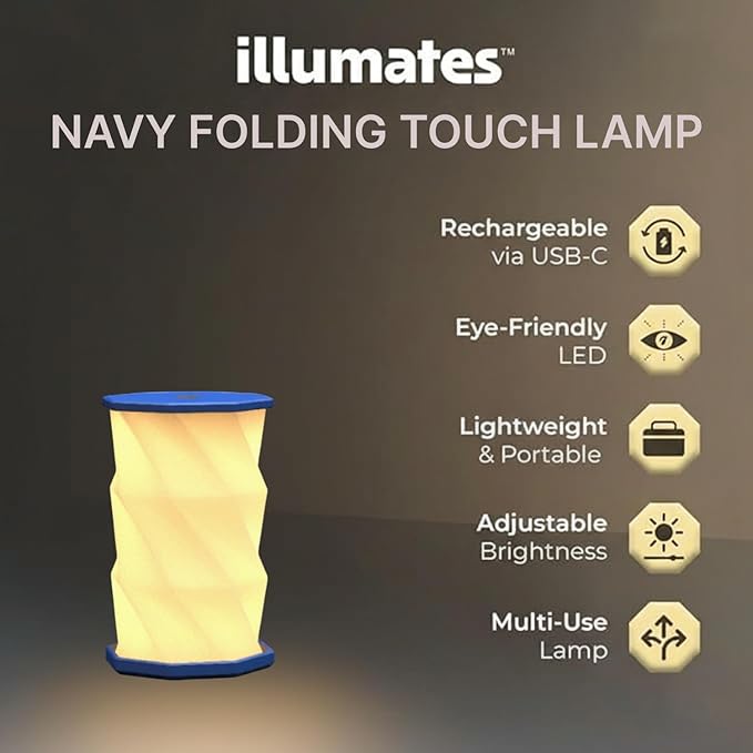 Origami Expanding Foldable LED Desk Lamp – USB Rechargeable & Portable - Dimmable Touch Control Light with Adjustable Height up to 5 1/2 for Office, Travel, Bedside - Sleek & Modern Design (Navy)