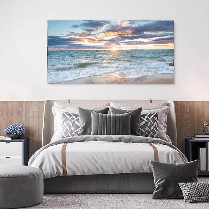 Yxbhhym-Beach Sunset Wall Art Coastal Decor Seascape Canvas Prints Ocean Picture for Living Room Decor Waves Sea Poster Landscape Painting Bedroom Wall Art Office Artwork Home Decorations