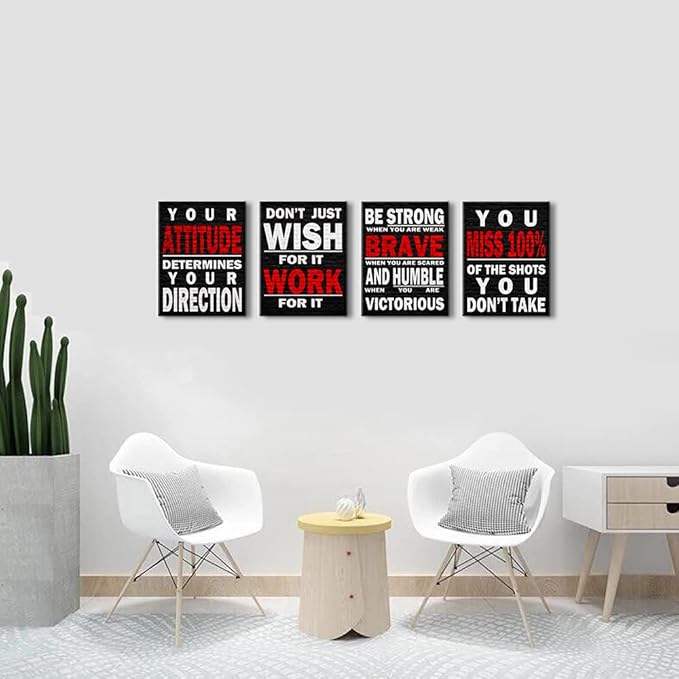 Inspirational Wall Art Poster Quote Motivational Wall Art for Office Living Room Bedroom Gym Black and White Red Positive Quotes Funny Office Wall Decor Sign 4 pieces