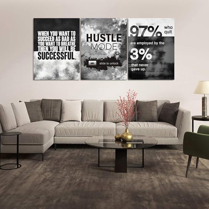 Motivational Office Wall Decor, Inspirational Canvas Wall Art, 3 Pieces Hustle Posters Prints Entrepreneur Success Quote Wall Decor for Lobby Meeting Room Hallway Living Room(60”Wx28”H)