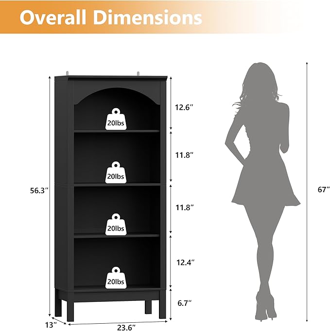 Arched Bookshelf with 4 Tier Open Shelves, 56" Tall Wood Bookcase with Adjustable Shelves, 24" Wide Floor Standing Display Storage Shelf for Home Office, Kitchen, Study and Living Room, Modern Black