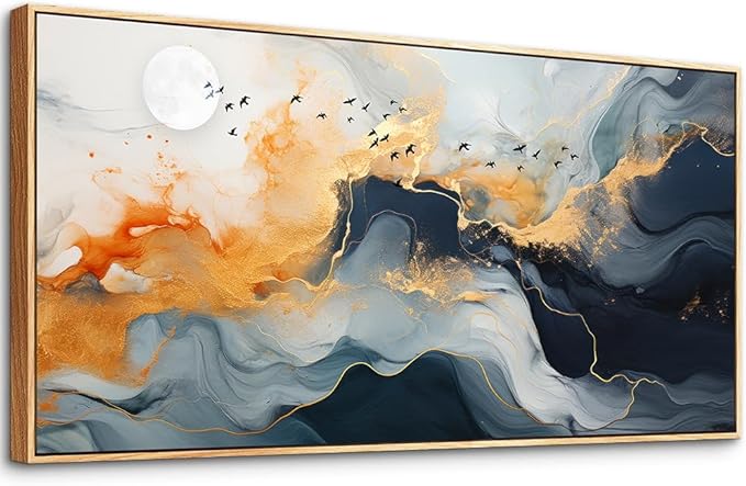 MHARTK66 Framed Wall Art Abstract Large Canvas Picture Marble Fluid Art with Gold Foil Moon & Bird Design Home Decor for Living Room Bedroom Hotel Office Wall Decorative Artwork Ready to Hang 24x48