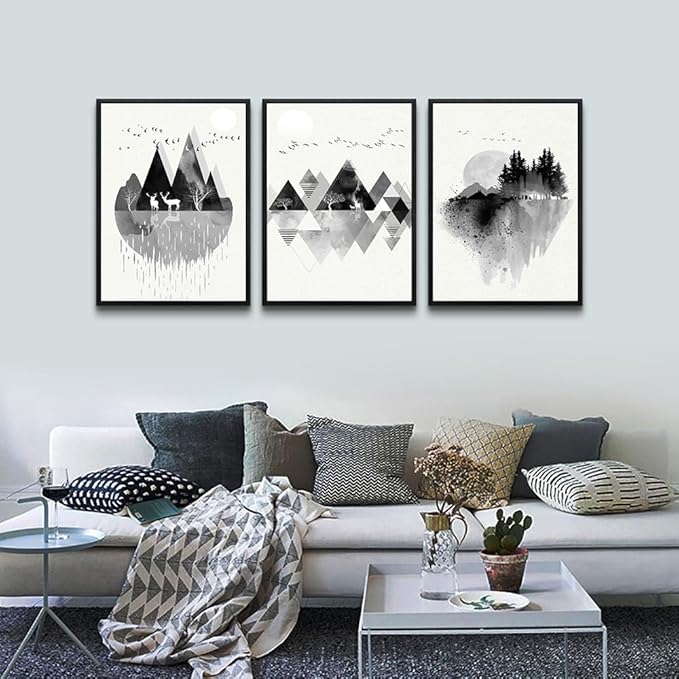 Hyidecorart Black Framed Wall Art - Large Abstract Geometric Painting - 3 Piece Framed Prints for Living Room, Bedroom & Office Decor