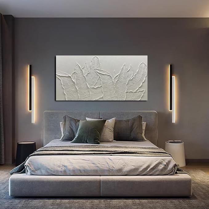 YaSheng Art- Wall Art Oil Paintings ,Modern Tropical Palm Leaf Wall Art, Handmade 3D Textured Relief White，Modern Minimalist Wall Art Abstract Artwork painting, Wall Art for living room Bedroom Wall Deco Home, Framed Wall Art Pictures 24X48 Inches