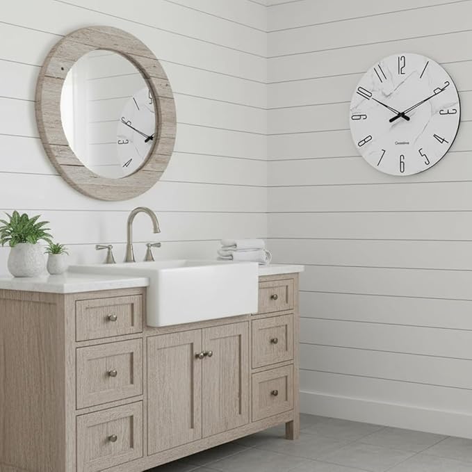 Wall Clock White Marble Theme Modern Decorative Waterproof Glass Clock for Bathroom Kitchen Home, 12 Inch Battery Operated