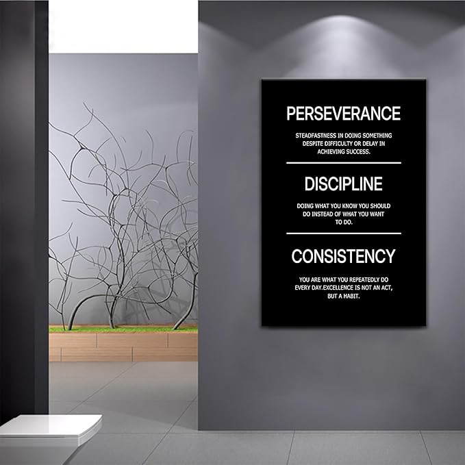 Motivational Office Poster Decor Inspirational Canvas Wall Art Perseverance Discipline Consistency Success Quotes Picture Painting Artwork for Classroom School Stretched and Framed [24''Wx36''H]