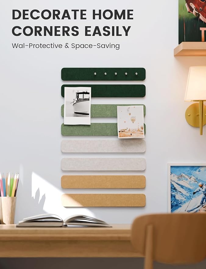 Cork Board Alternative Felt Strip Board 8-Pack 13"x2", Office Pin Board with 50 Push Pins, Adhesive Install for Bedroom Door & Home Office(Moss Glimmer)