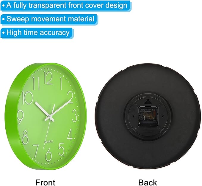 PATIKIL 12 Inch Wall Clock, Battery Operated Silent Non-Ticking Round Wall Clocks for Office Bedroom Decorative, Green