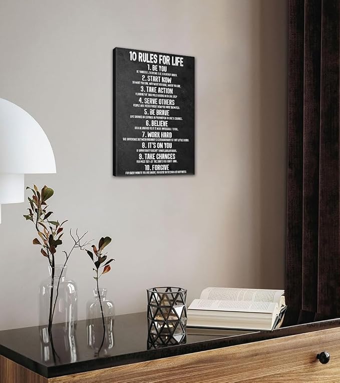 Yatsen Bridge 10 Rules for Life Motivational Wall Art - Black and White Inspirational Canvas Print, Positive Life Principles for Home and Office, Framed & Ready to Hang (12x16 Inch)