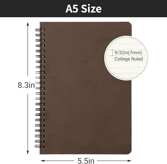EUSOAR College Ruled Spiral Notebook, A5 6packs 5.5"X8.3" 120 Pages inches Coffee Hardcover Lined Travel Writing Notebooks Journal, Students Office Business Subject Diary Ruled Spiral Book Journal