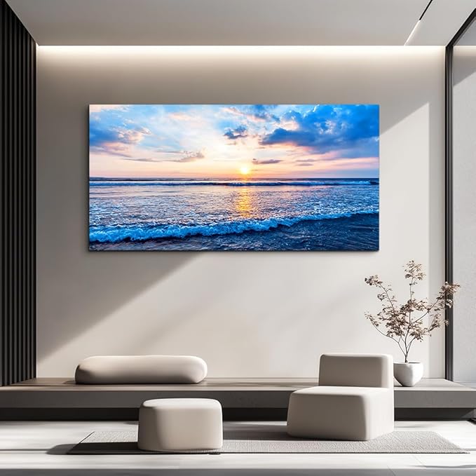 hyidecorart Ocean Wall Art for Living Room, Blue Wave and Large Coastal Beach Canvas Wall-Decor for Bedroom,Large Blue Artwork for Walls Gold Sun Scenery Pictures for Hallway Office Kitchen 30" x 60"