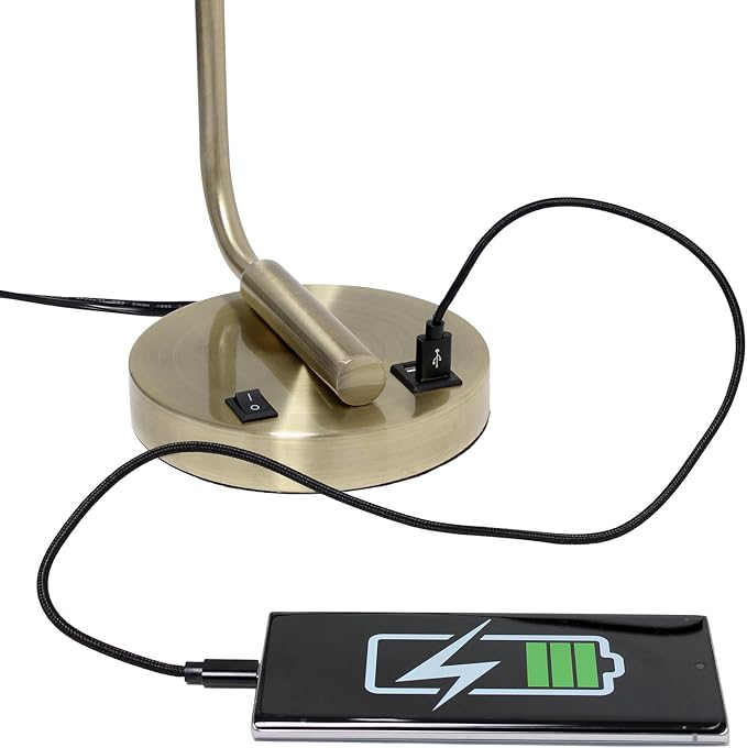 Simple Designs LD1066-RGD Bronson Antique Style Industrial Iron Lantern Desk Bedside Table Lamp with Dual 2 USB Charging Ports and Glass Shade, Rose Gold
