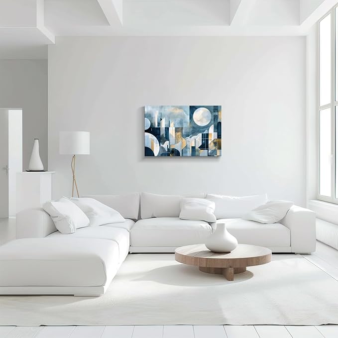 gaosoul Modern Abstract Canvas Wall Art Blue Artistic Cityscape Geometry Paintings Framed Minimalism Stylish Artwork Prints for Living Room Bedroom Office Decor 30x20in