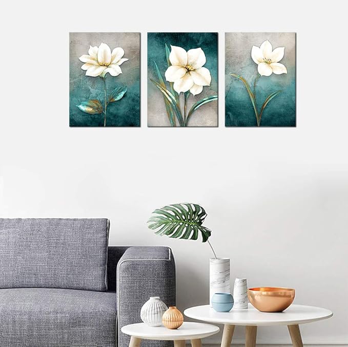 Flower Canvas Wall Art Cream White Floral Wall Decor Turquoise Tealish Grey Background Canvas Picture Modern Rustic Artwork Bathroom Bedroom Living Room Home Office Decoration 12" x 16" x 3 Pieces