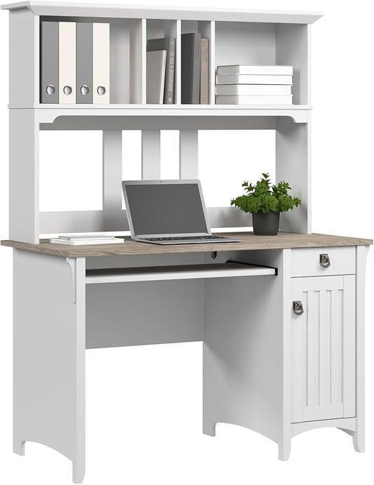Bush Home Salinas Computer Desk with Hutch | Study Table with Drawers, Cabinets & Pullout Keyboard/Laptop Tray | Modern Home Office Desk in Pure White and Shiplap Gray | Work Desk with Storage