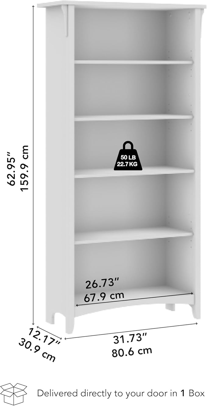 Bush Home Salinas 5 Shelf Bookcase in Cape Cod Gray, Tall Bookshelf, Large Book Shelf for Living Room, Home Office, or Entryway