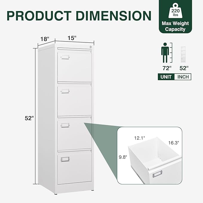 STANI Metal Vertical File Cabinet with Lock，Narrow Filing Cabinets Hanging Files Letter/Legal/A4 Size, Metal Storage Cabinet for Home Office, Assembly Required (White, 4-Drawer)