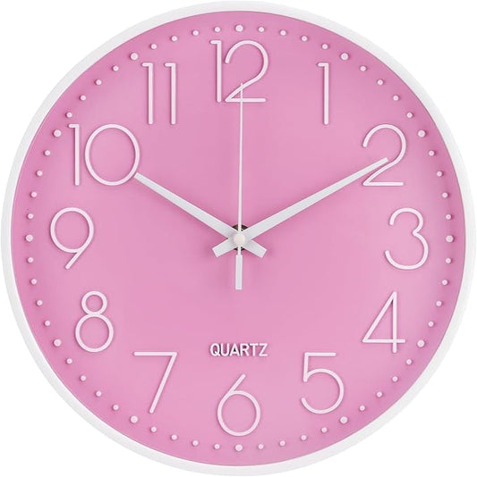 Wall Clock Non-Ticking Silent Modern Simple Style Round Decor Clock Stereoscopic Dial Quartz Wall Clocks for Home/Office/School/Living Room/Bedroom/Kitchen (Pink, 12inch)