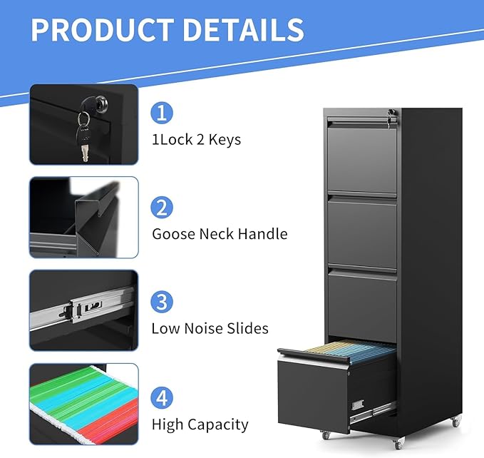 4 Drawer File Cabinet with Wheels, Metal Filing Cabinet with Lock and Wheels, Rolling Filing Storage Home Office, Vertical File Cabinets for Hanging Legal/Letter Size Files, Assembly Required, Black