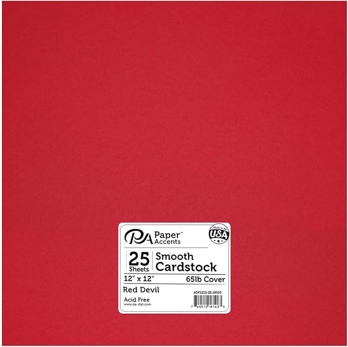PA Paper Accents Smooth Cardstock 12" x 12" Red Devil, 65lb colored cardstock paper for card making, scrapbooking, printing, quilling and crafts, 25 piece pack