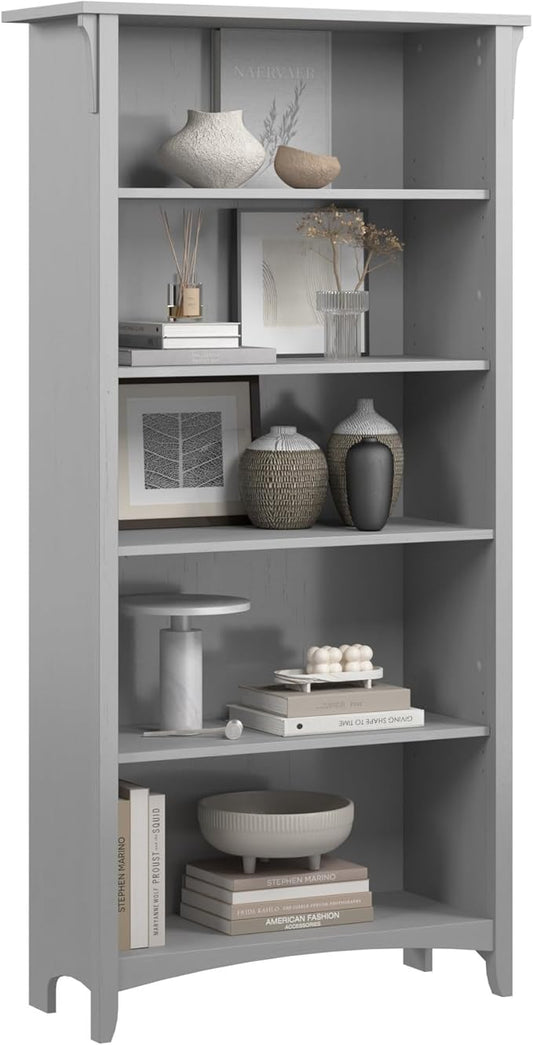 Bush Home Salinas 5 Shelf Bookcase in Cape Cod Gray, Tall Bookshelf, Large Book Shelf for Living Room, Home Office, or Entryway