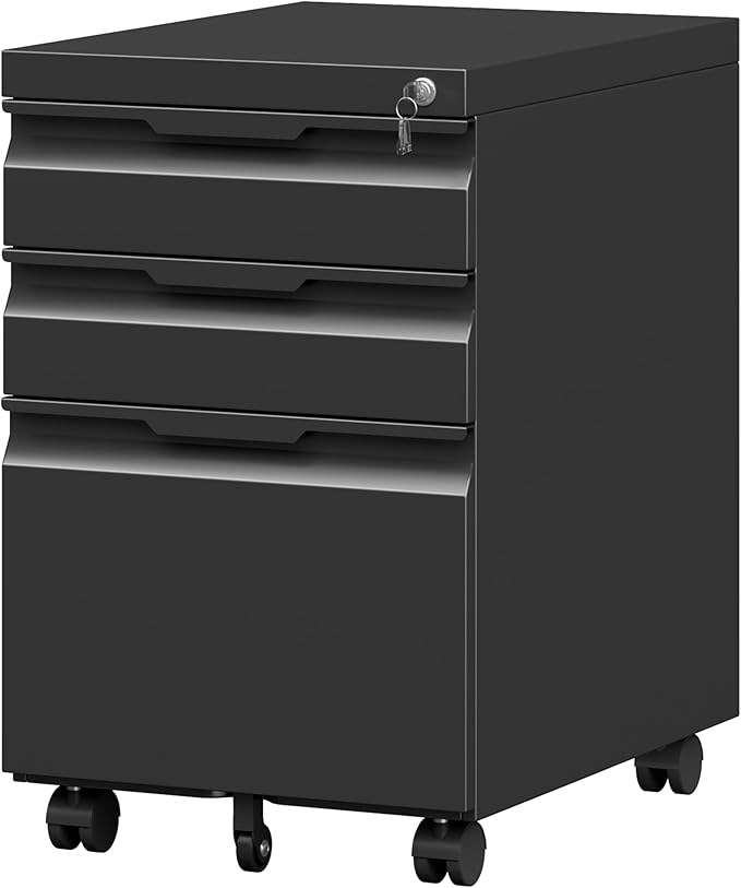 3 Drawer Metal Rolling File Cabinet with Lock, Under Desk Mobile Filing Cabinet for Home Office, Steel Storage Cabinet with Wheels for A4/Letter/Legal Documents, Easy Assembly, Black