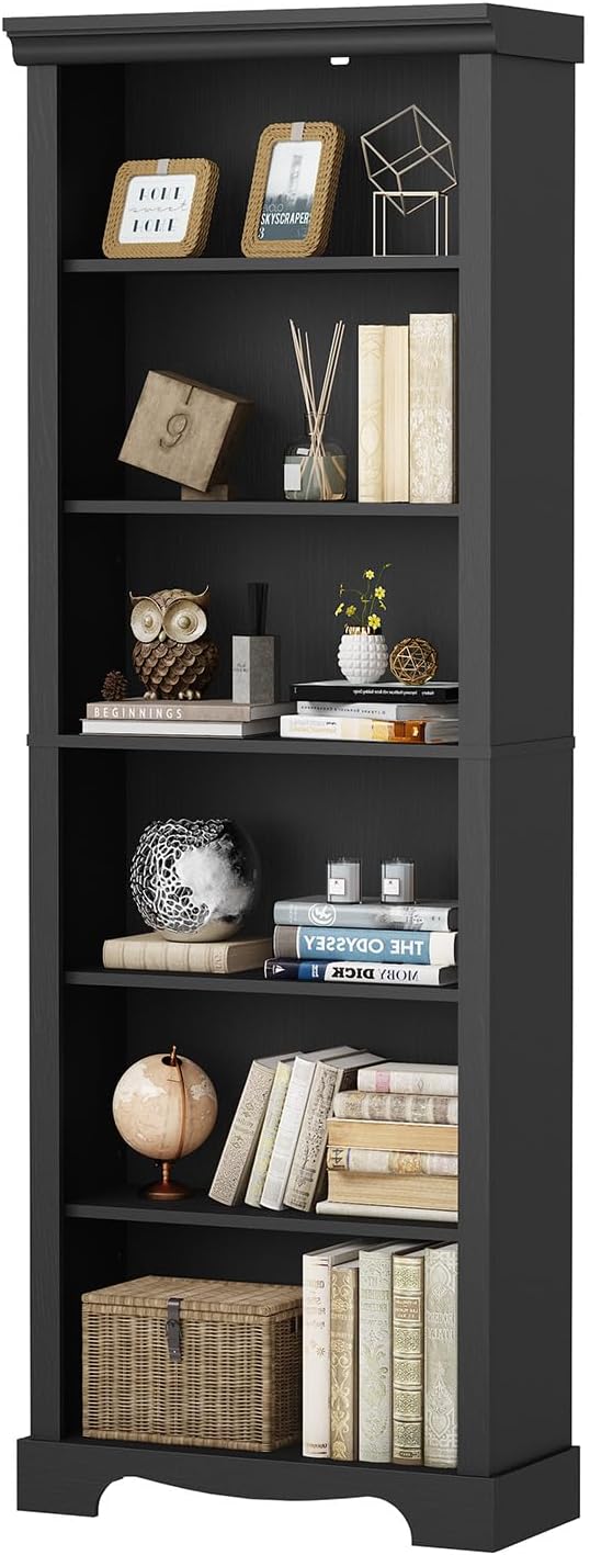6-Tier Bookshelf, 73 inch Tall Bookcase with 2 Adjustable Shelves, Book Shelf with Anti-Tipping Device, Wooden Bookcase for Study Room, Living Room, Home Office, Bedroom (Black)