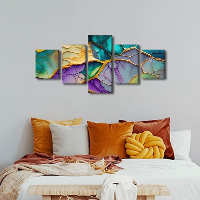 Canvas Wall Art Abstract Canvas Wall Decor Modern Native Americans Home Wall Art 5 Panel Multi Color Marble Art Poster for Men Lady Living Room Decor Stretched and Framed Ready to Hang 50x24 in