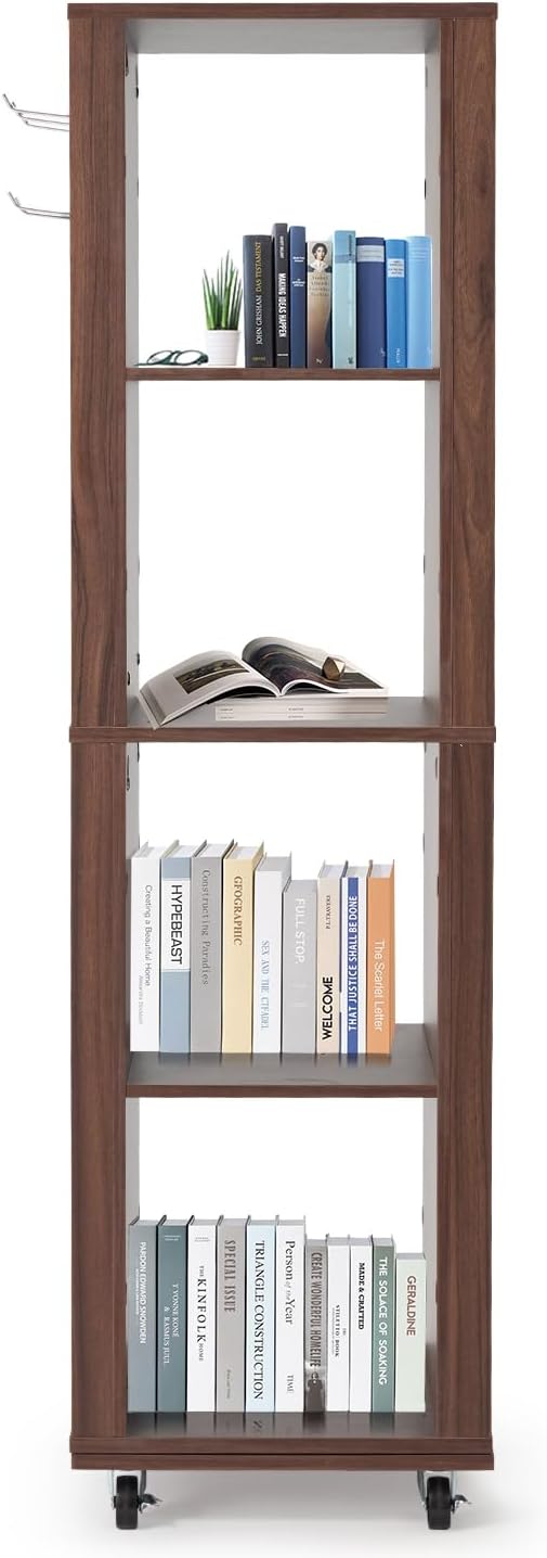JOMEED Rotating Bookshelf Tower with Wheels, 4-Tier Corner Bookshelf with Pegboard, 360° Spinning Book Shelf Tower with Magazine Rack, Tall Bookcase, Narrow Bookcase