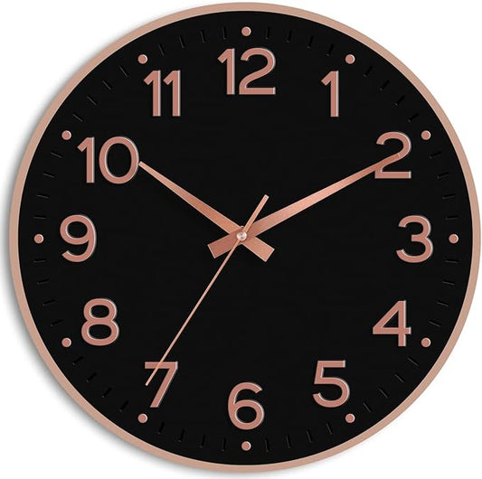 Wall Clock 12 Inch Silent Wall Clocks Battery Operated-Modern Non Ticking Analog Clock Decorative for Kitchen Bedroom Office (Black Rose Gold)