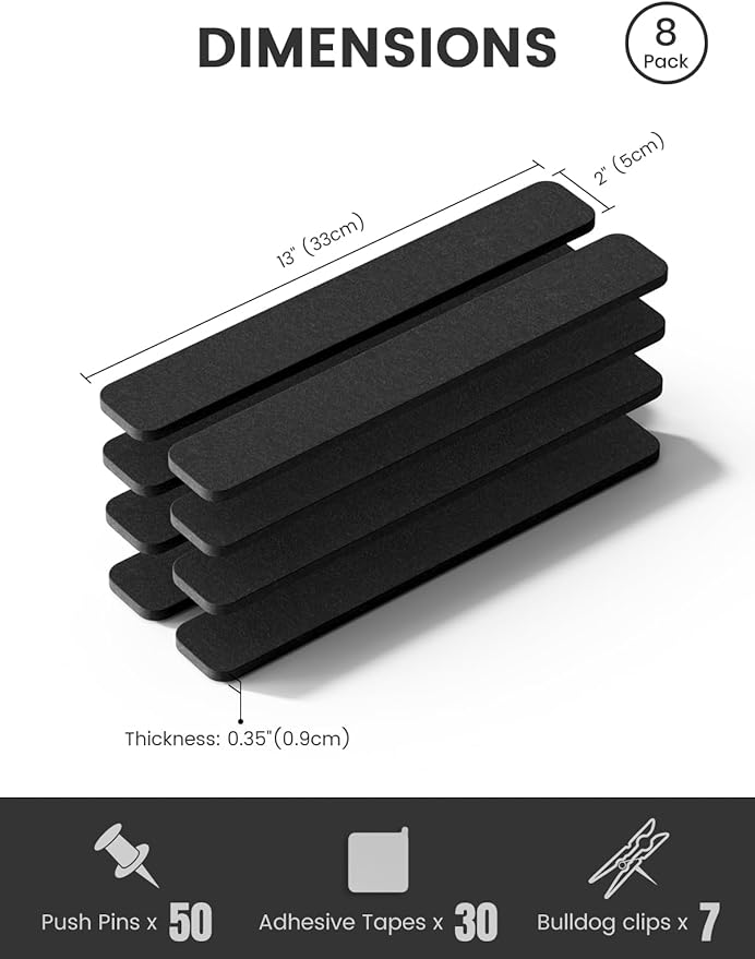 Fluxynara Cork Board Alternative Felt Strip Board 8-Pack 13"x2", Office Pin Board with 50 Push Pins, Adhesive Install for Bedroom Door & Home Office(Black)