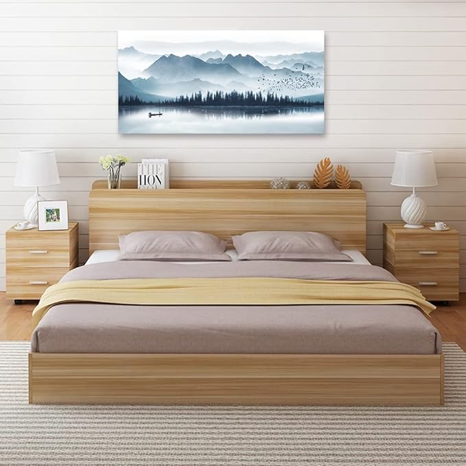 arteWOODS Indigo Canvas Wall Art Misty Mountain Wall Pictures Foggy Lake Boat Painting Print Blue Forest Birds Artwork Wall Decor for Living Room Wall Decorations Framed Ready to Hang 29" x 58"
