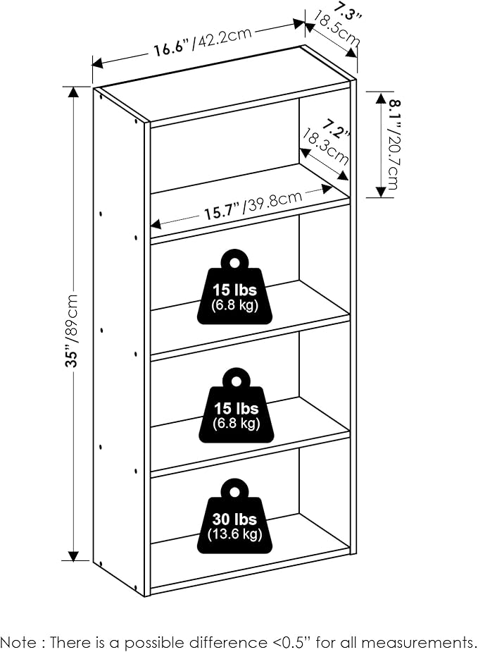 Furinno Basic Book Shelf, 4-Tier Bookcase with Open Shelf, Bookshelf, Cube Storage Organizer, 7 x 17 x 35, for Living Room, Bedroom, Home Office, Espresso