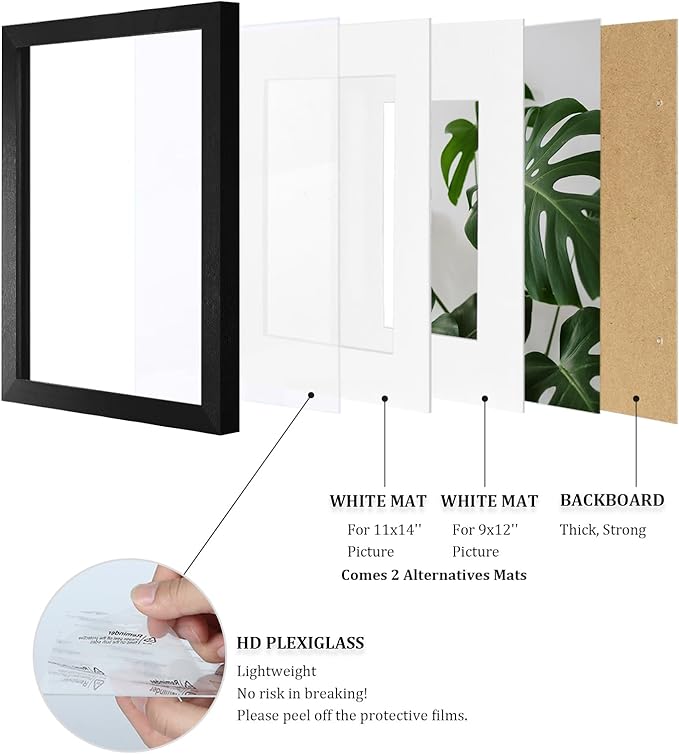 Egofine 12x16 Picture Frames 4PCS Covered by Plexiglass, Made of Solid Wood, Display Pictures 9x12/11x14 with Mat or 12x16 Without Mat for Wall Mounting, Black with Texture