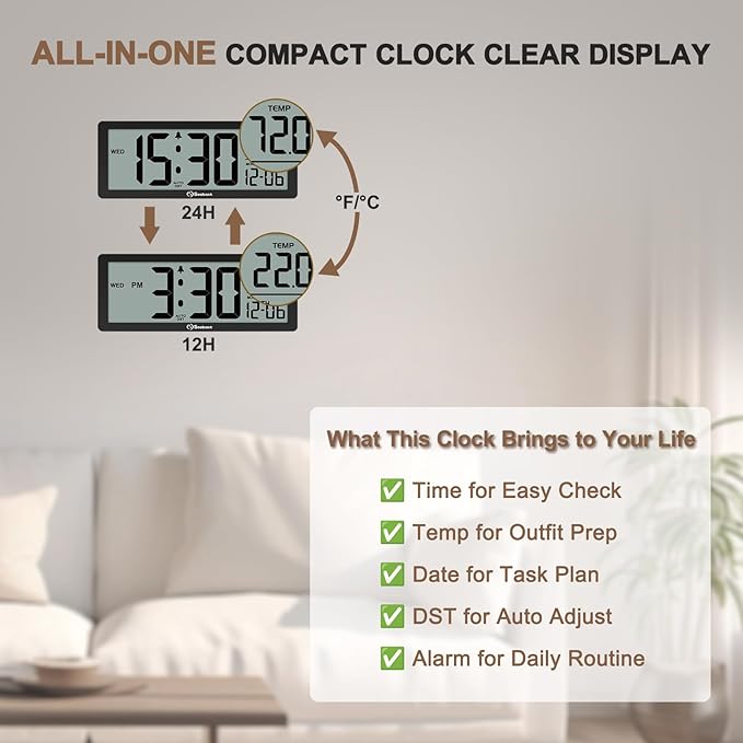 Soobest 8.5 Inch Digital Wall Clock Battery Operated with Backlight, Temperature, Date, Day & Auto DST, Black Slim Design for Elderly, Bedroom, Living Room, Office