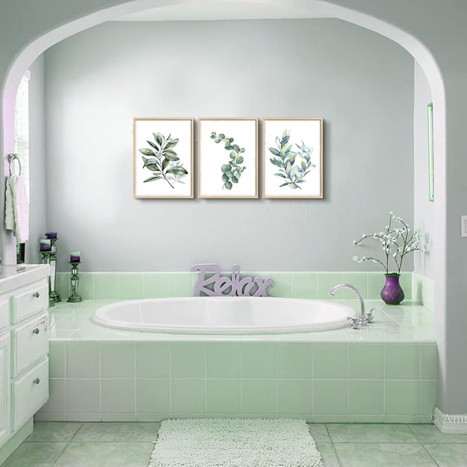 Hyidecorart Wood Framed Wall Art - Large Green Leaves Wall Paintings Set of 3 Piece Framed Prints for Living Room, Bedroom, Kitchen, Office Decor