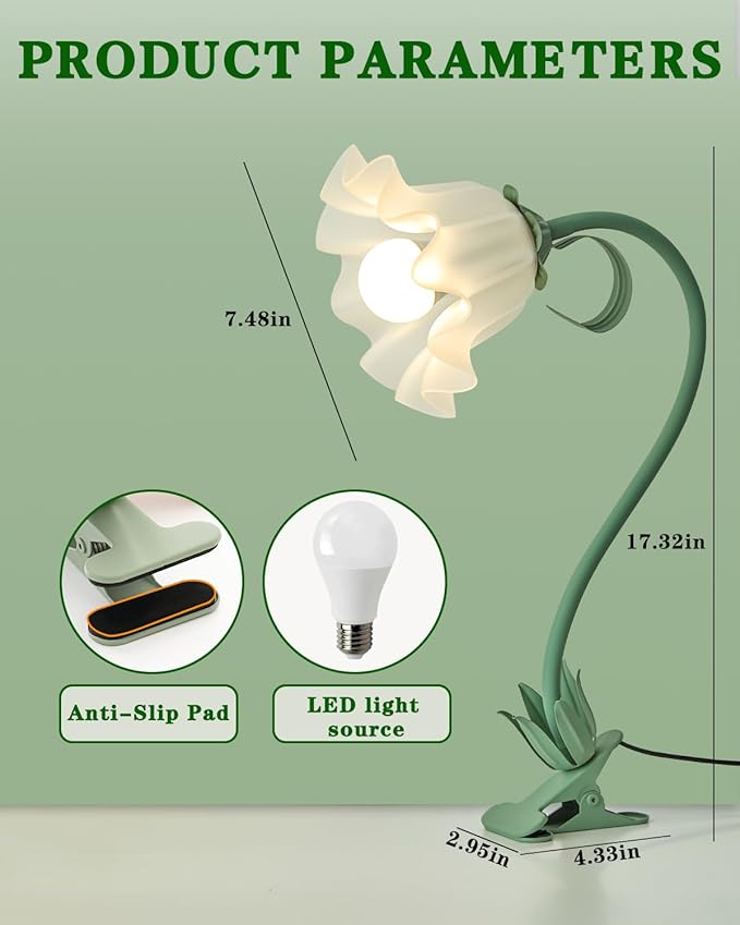Flower Lamp Clip on Light, 3 Color Modes Eye-Caring Desk Lamp with Clamp, Dorm Room Essentials, Flexible Neck Reading Clamp Lamps for College Bedside Bookshelf Studying Room (Green)