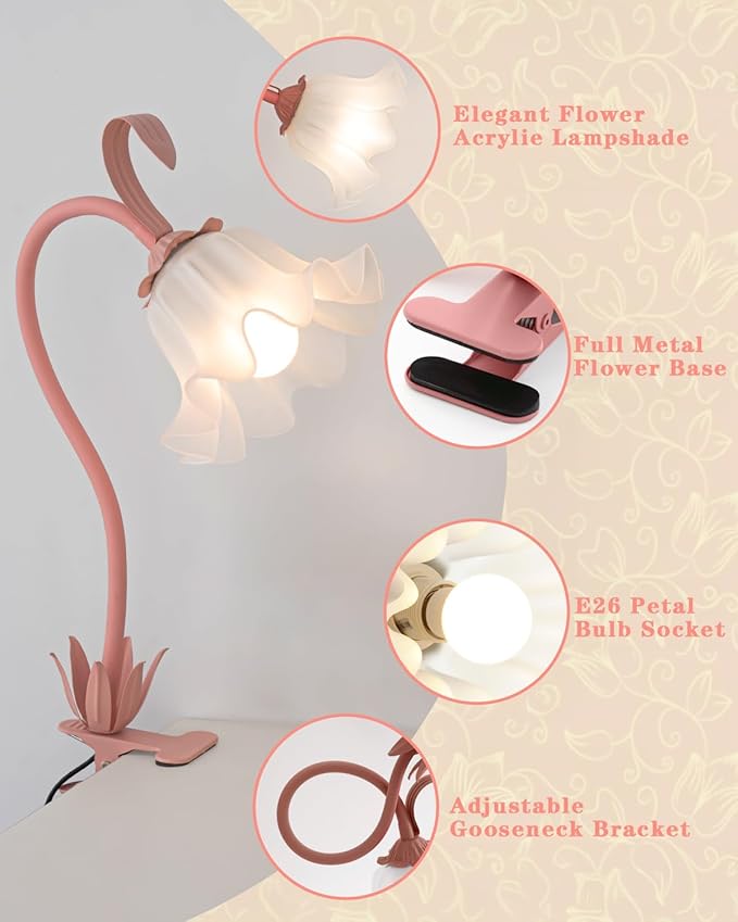 Flower Lamp Clip on Light, 3 Color Modes Eye-Caring Desk Lamp with Clamp, Dorm Room Essentials, Flexible Neck Reading Clamp Lamps for College Bedside Bookshelf Studying Room (Pink)