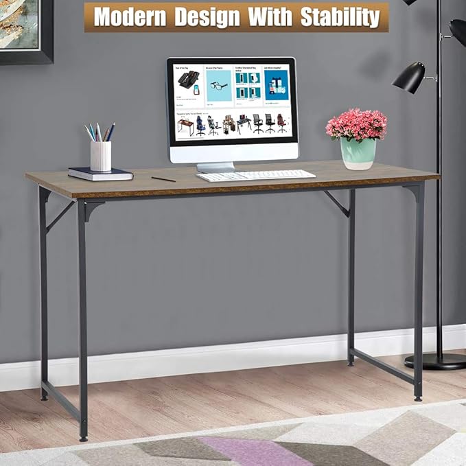 FDW Computer Desk Home Office Desk 47”W x 19”D Gaming Desk Corner Writing Black Large Student Art Modren Simple Style PC Wood and Metal Desk Workstation for Small Space，Vintage