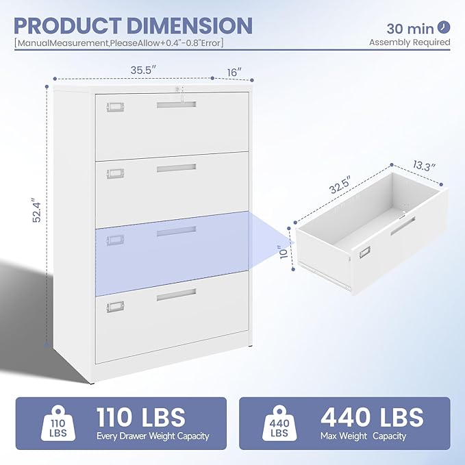 4 Drawer File Cabinet, Locking Lateral Filing Cabinet for Home Office, File Cabinets with Business Card Holder for Letter/Legal/F4/A4 Hanging Files
