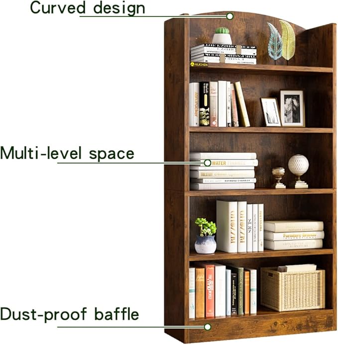 5 Shelf Bookcase Bookshelf, Open Bookcase Storage Shelves Floor Standing Unit Display Rack Mid-Century Modern Bookcase Retro Wood Bookshelves Storage Organizer Shelf for Bedroom,Living Room