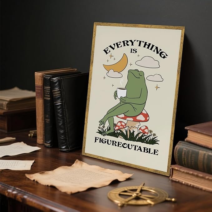 Everything Is Figureoutable Motivational Wall Art Funny Frog Coffee Inspirational Poster Positive Quote Daily Reminder Canvas Print Affirmation Wall Decor for Home Office 12x16inch Golden Framed