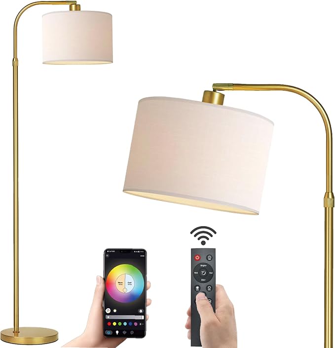 Gold Floor Lamp with Remote Control, 1200 Lumens Adjustable Height Dimmable Arc Floor Lamp for Living Room, Modern Gold Standing Lamp for Bedroom, Office, LED Smart Bulb Included